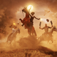 Cowboys shoot their guns at the orange sky and ride their horses in the NFT video game Grit.